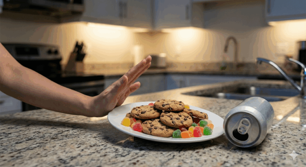 建議睡前應避免：含糖零食與飲料、巧克力、含咖啡因飲品等食物