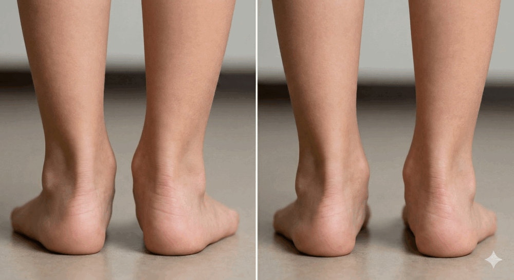 從孩子背後看脚後跟，可以分辨出是扁平足還是高弓足