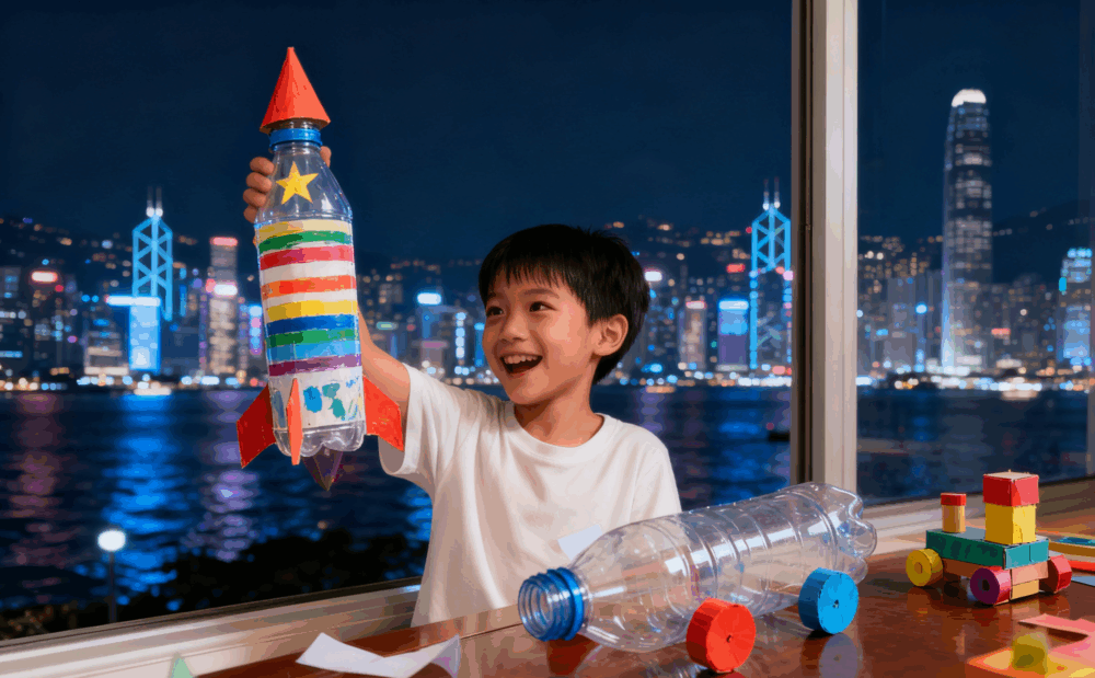 孩子以廢物利用的方式創作玩具。