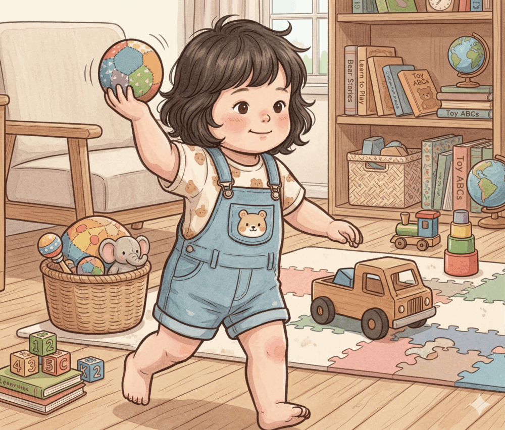 1.5 歲：能舉手過肩將球投出