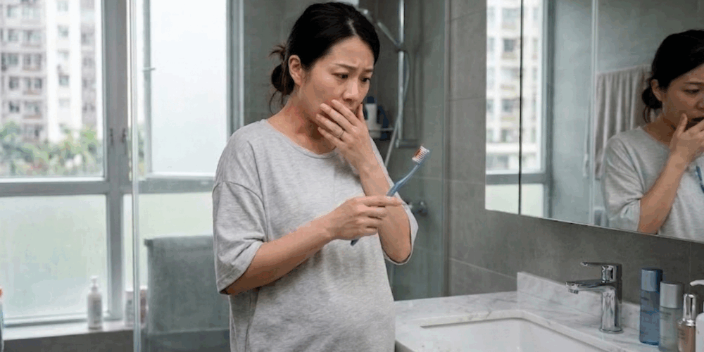 由於孕期荷爾蒙劇烈變化，改變了牙齦對牙菌膜的免疫反應，使其變得極易發炎流血。