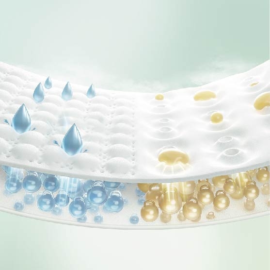 Huggies Natural獨有「專利分區面層」 。能牢牢鎖住髒污 ，瞬吸乾爽免沾Pat Pat 不刺激，全日乾爽親膚。