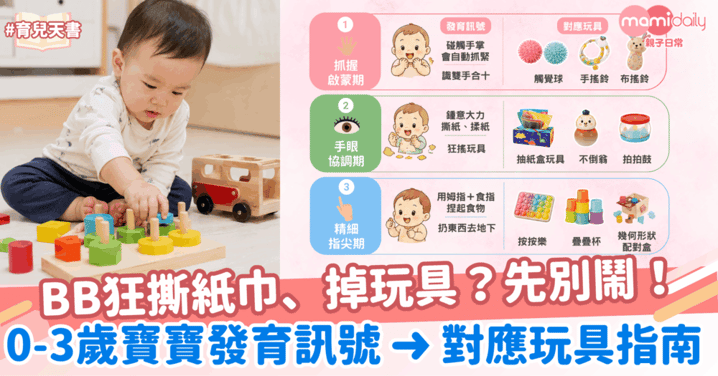 BB狂撕紙巾、掉玩具?先別鬧!0-3歲寶寶發育訊號 ➜ 對應玩具指南