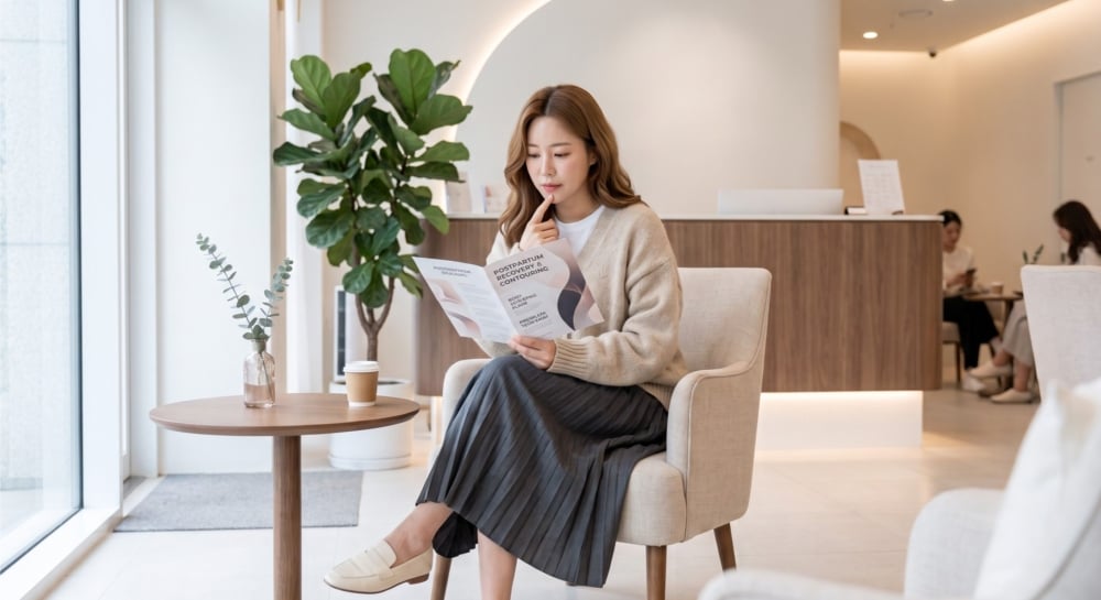 一名身體已經恢復的產後媽媽正在考慮美容院項目。