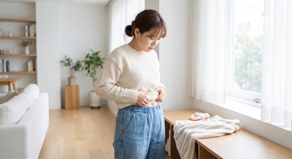 產後修身媽媽因腹直肌分離及肚腩突出而煩惱。