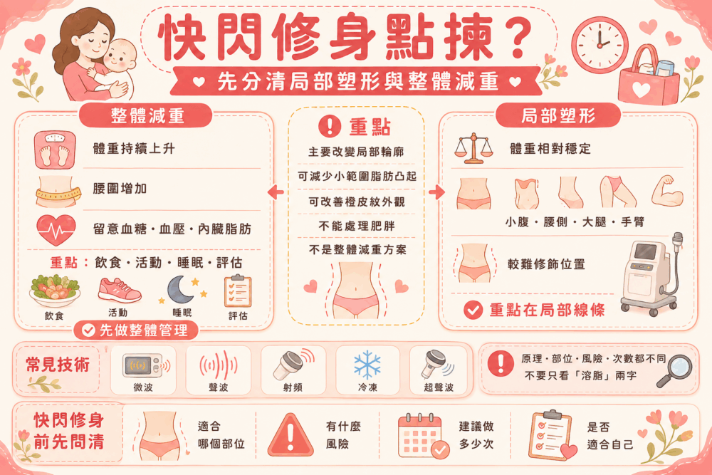 整體減重與局部塑形對照圖,按體重變化、難減部位及改善目標判斷適合方向。