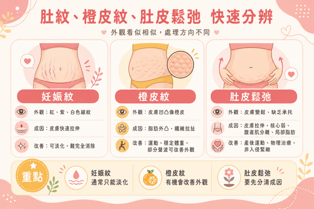 妊娠紋、橙皮紋與肚皮鬆弛快速分辨圖:常見外觀、主要成因與改善方向對照表。