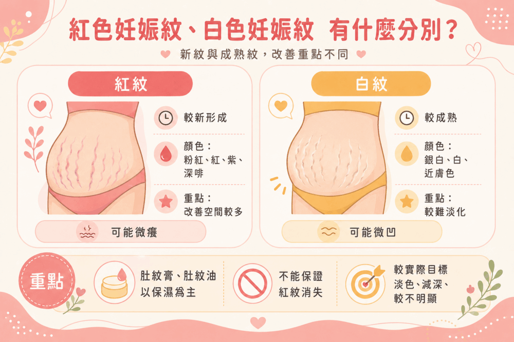 紅色妊娠紋與白色妊娠紋對照圖:展示新形成紅紋與成熟白紋的外觀特徵、修復空間及改善目標。