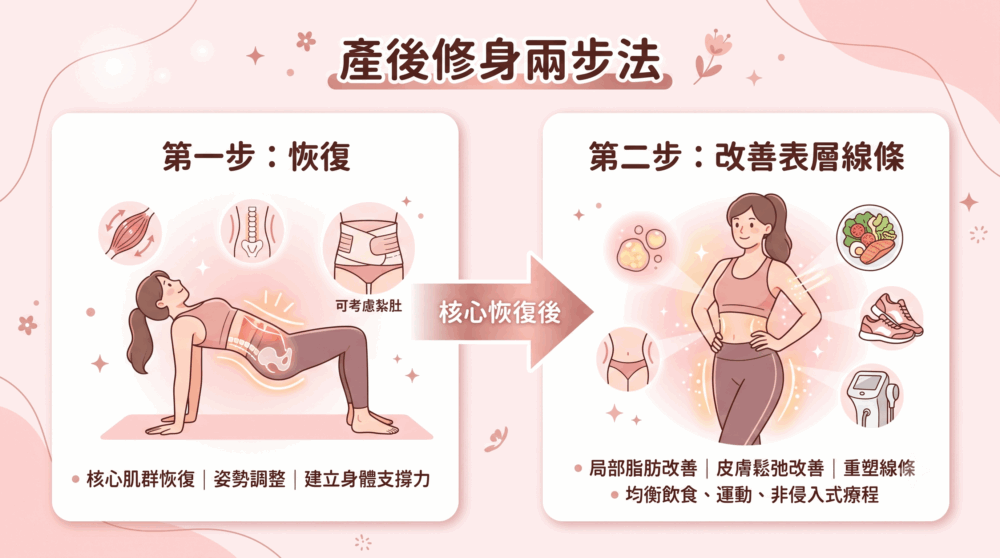 一張資訊圖表，標題為「產後修身兩步法」，分為「第一步：恢復」與「第二步：改善表層線條」兩部分。